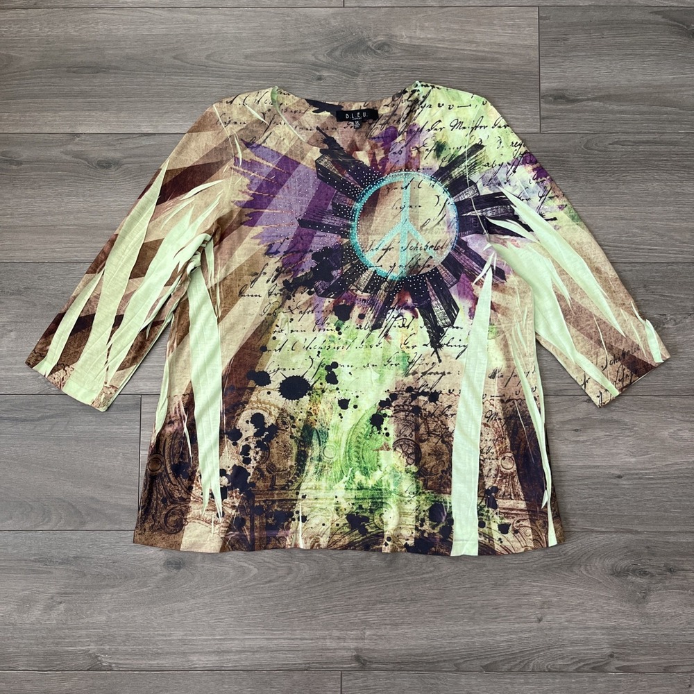 B.L.E.U. Womens 1X Top Green Purple Jeweled Peace Sign Graphic